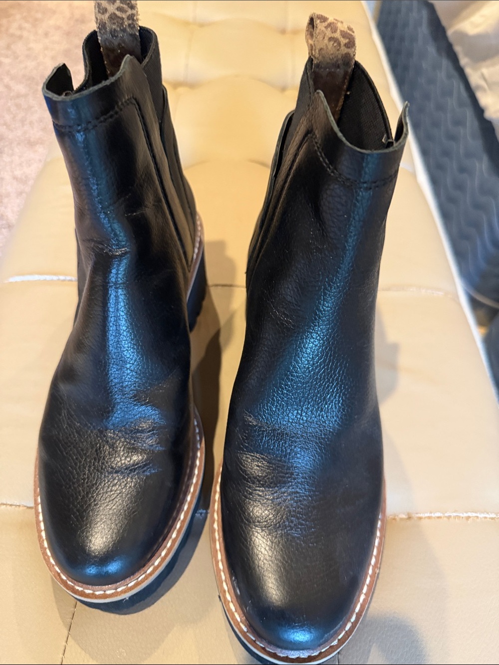 Dolce Vita Black Leather Chelsea Boots with Leopard Pull Tabs and Brown Welt